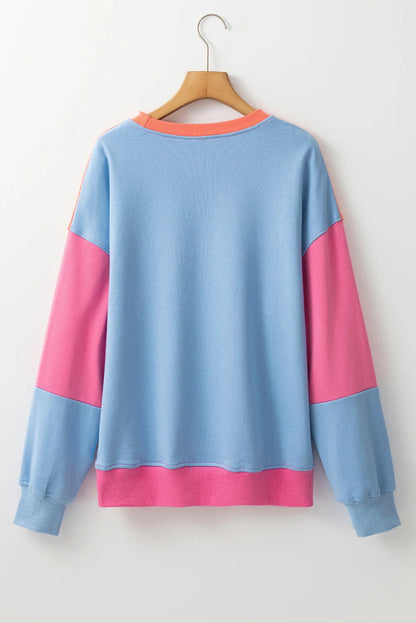 Bright Pink Colorblock Patchwork Drop Shoulder Sweatshirt - Chic Meadow Boutique 