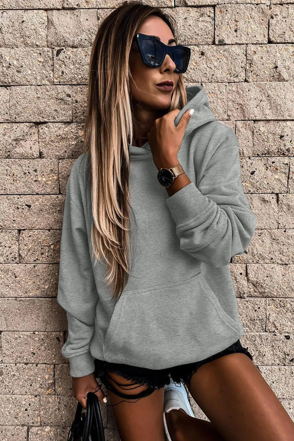 Gray Loose Kangaroo Pocket Hoodie - Chic Meadow Boutique 