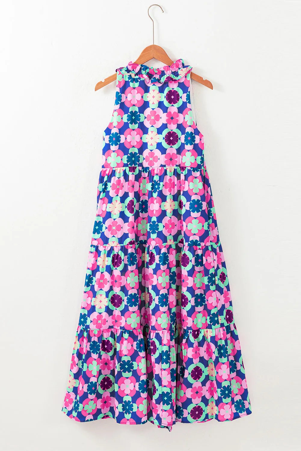 Blue Floral Print Frilly Neck Sleeveless Tiered Maxi Dress - Chic Meadow Boutique 