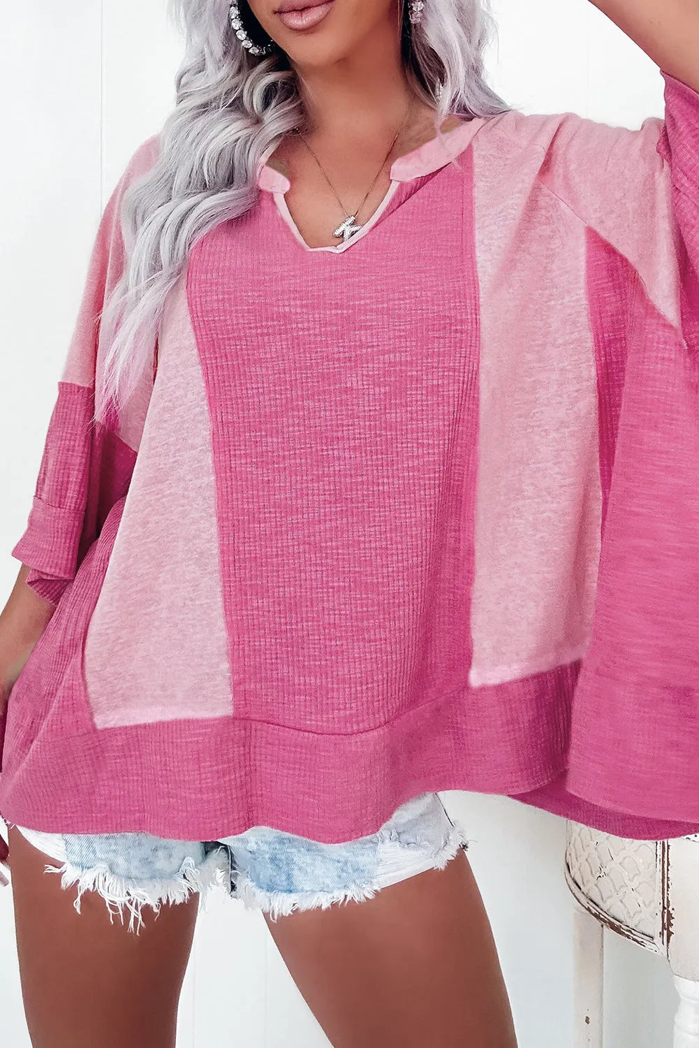 Bright Pink Textured Colorblock 3/4 Sleeve Oversize Top - Chic Meadow Boutique 