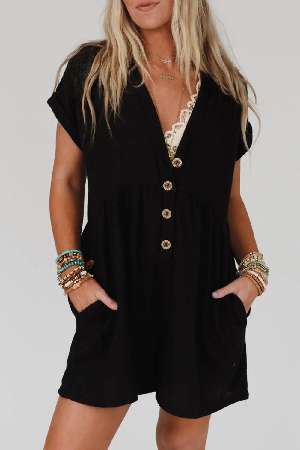 Black V Neck Buttons Loose Cuffed Short Sleeve Romper - Chic Meadow Boutique 