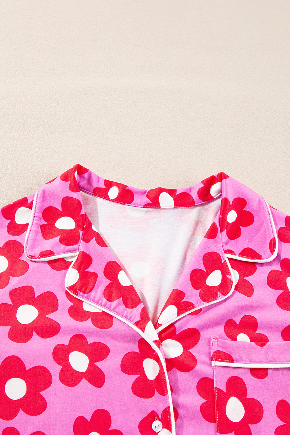 Pink Flower Print Long Sleeve Shirt Shorts Pajamas Set