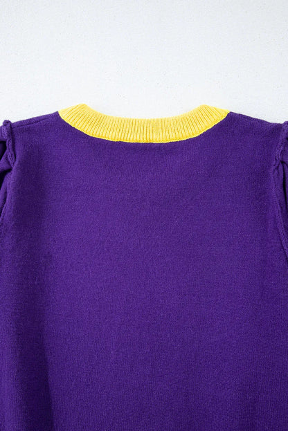 Purple Sequin Rugby Color Block Puff Short Sleeve Sweater - Chic Meadow Boutique 