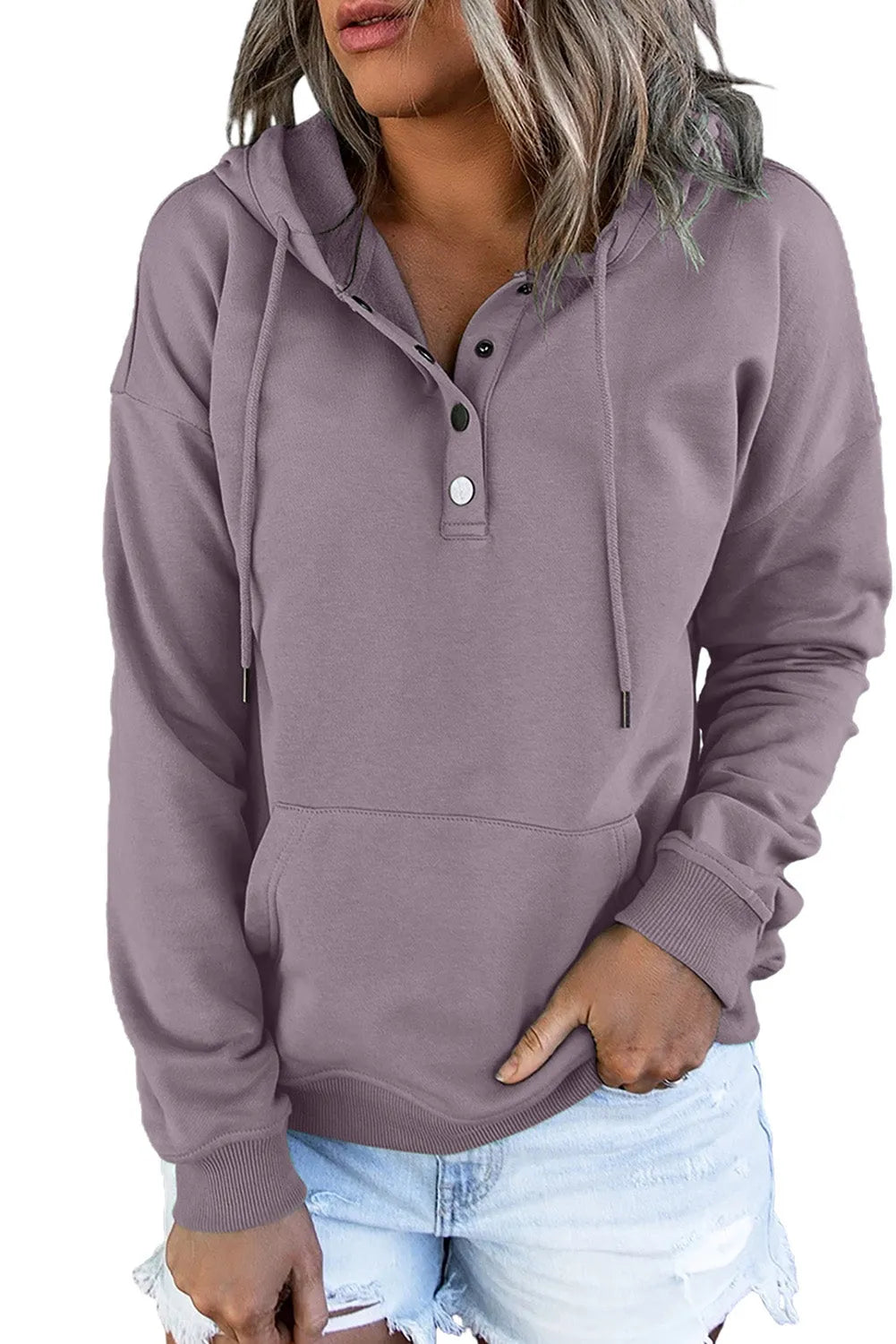 Purple Snap Button Pullover Hoodie with Pocket - Chic Meadow Boutique 