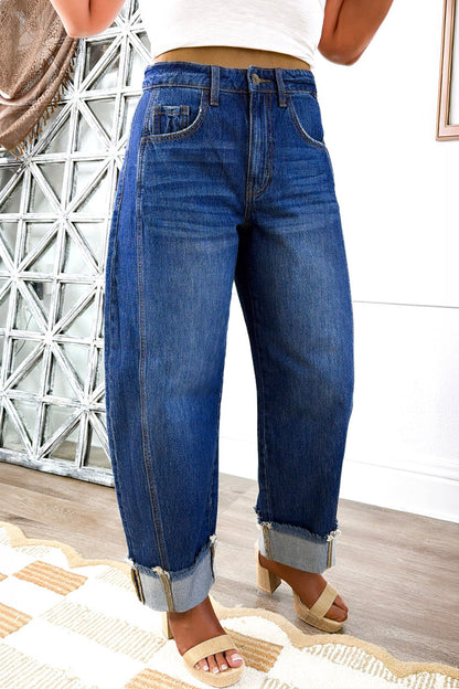 Sail Blue Raw Hem Turnup Loose Ankle-length Jeans