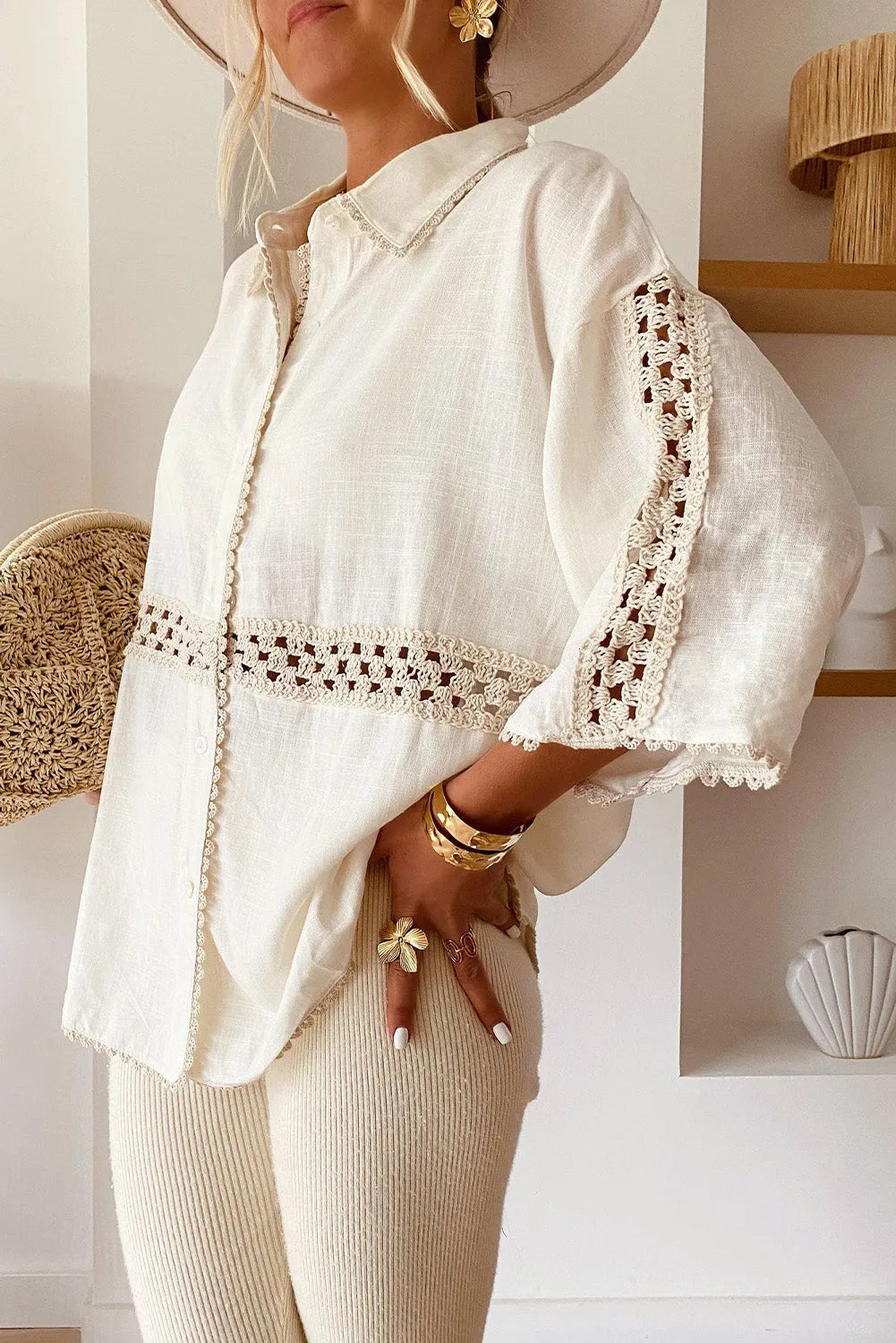 White Crochet Patchwork Half Sleeve Scallop Edge Shirt - Chic Meadow Boutique 