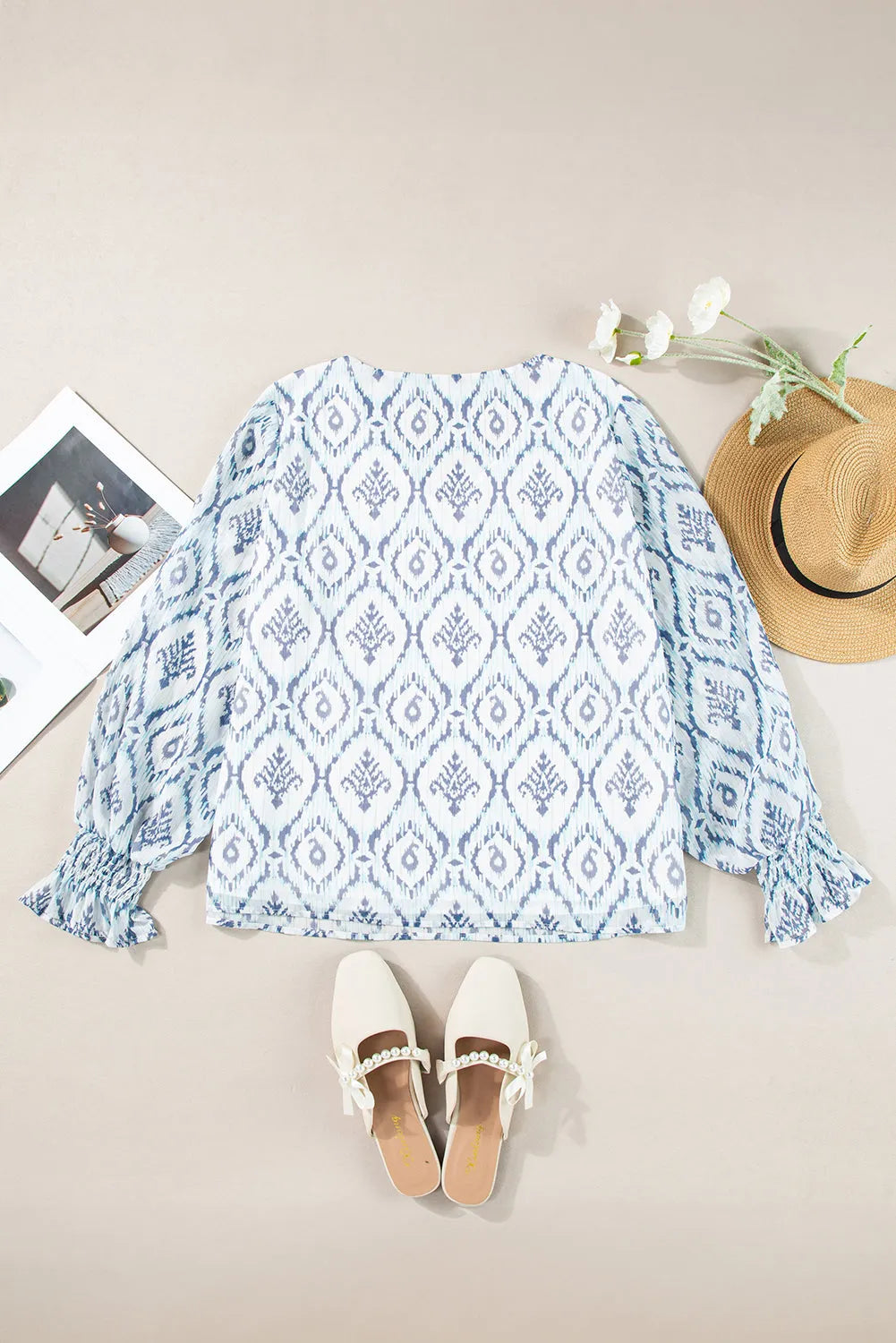 Sky Blue Geometric Print Shirred Puff Sleeve V Neck Blouse - Chic Meadow Boutique 