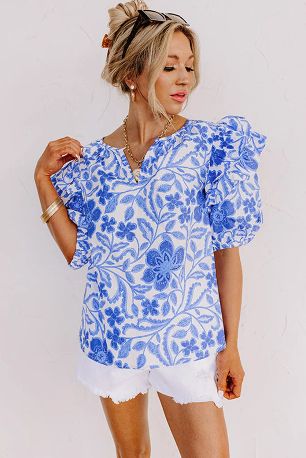 Dark Blue Floral Print Ruffled Bubble Sleeve Blouse - Chic Meadow Boutique 