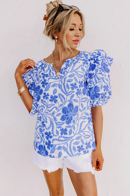 Dark Blue Floral Print Ruffled Bubble Sleeve Blouse - Chic Meadow Boutique 