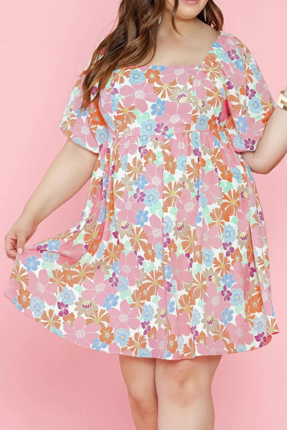 Plus Size/Plus Size Dresses/Plus Size Mini Dresses Multicolour Floral Puff Sleeve Square Neck Plus Babydoll Dress