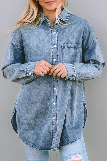 Sky Blue Vintage Washed Chest Pocket Denim Shirt - Chic Meadow Boutique 