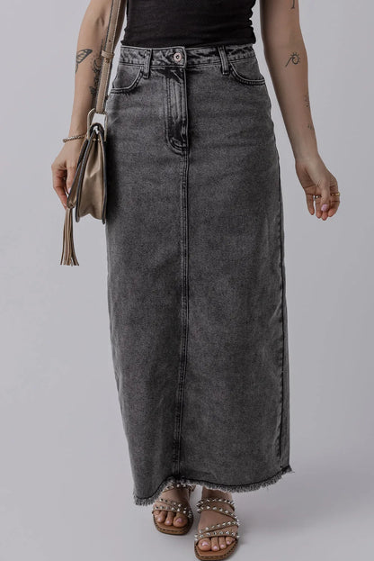 Dark Grey Denim Raw Hem Back Split High Waist Long Skirt - Chic Meadow Boutique 