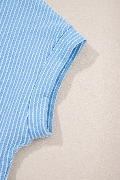 Dark Blue Corded Knit Color Block Pocketed Crew Neck T Shirt