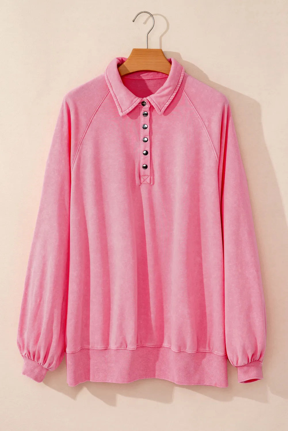 Pink Solid Snap Buttons Collared Balloon Sleeve Oversized Sweatshirt - Chic Meadow Boutique 