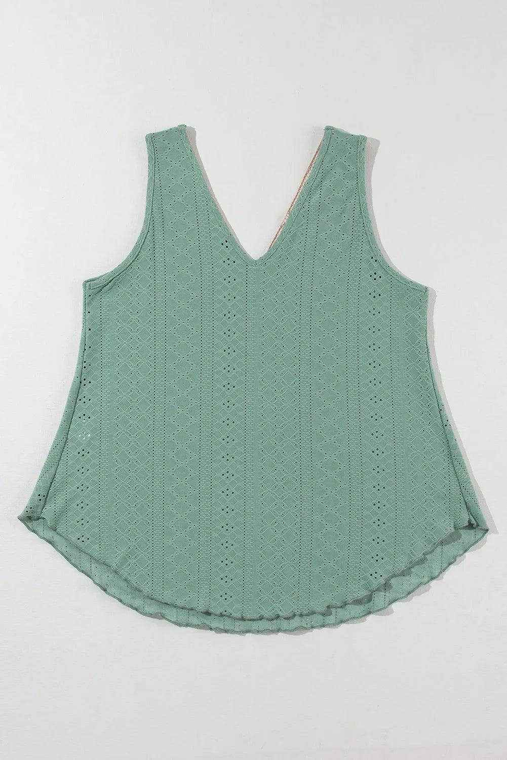 Mist Green Lace Crochet Splicing V Neck Loose Fit Tank Top - Chic Meadow Boutique 