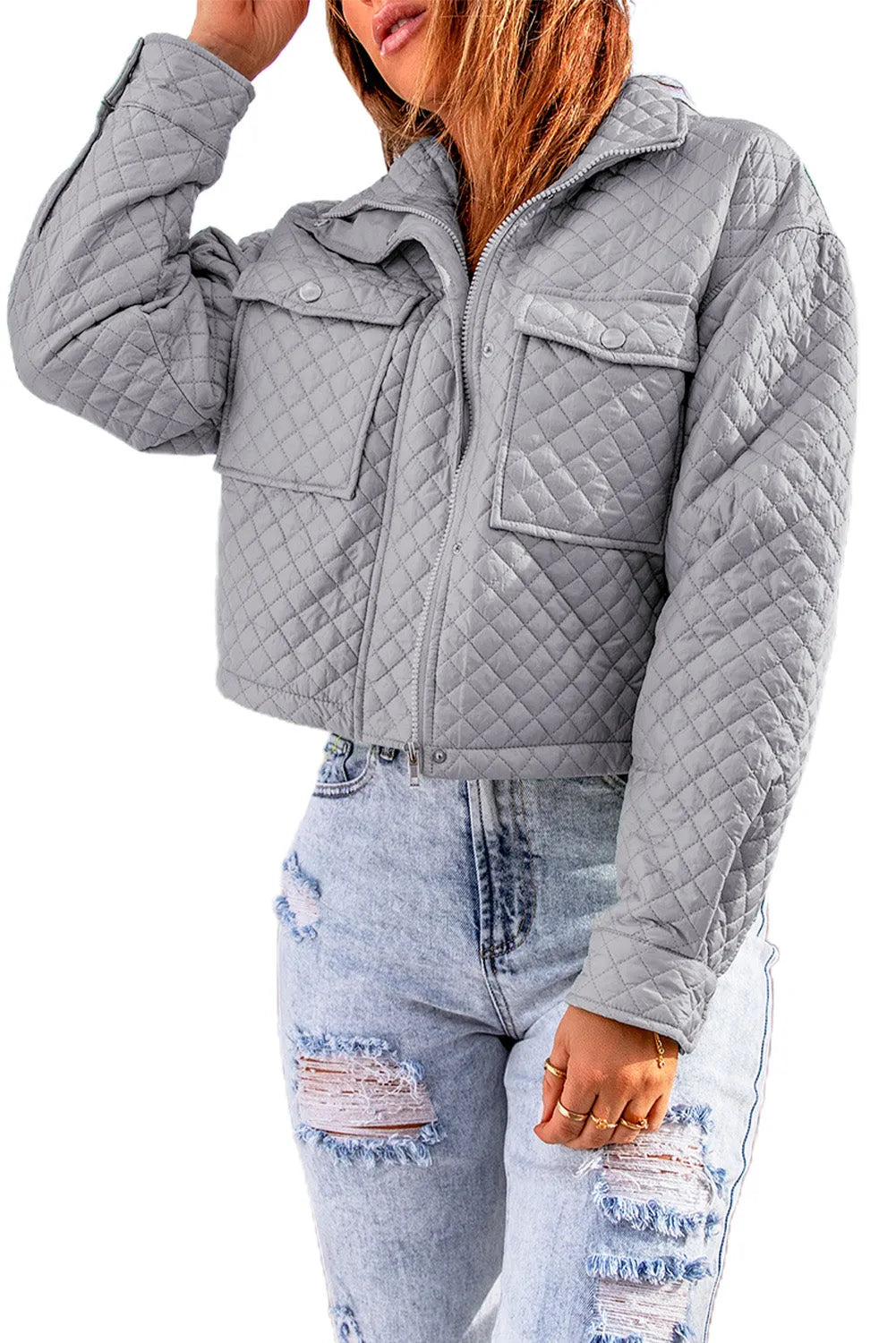 Gray Quilted Pocketed Zip-up Cropped Jacket - Chic Meadow Boutique 