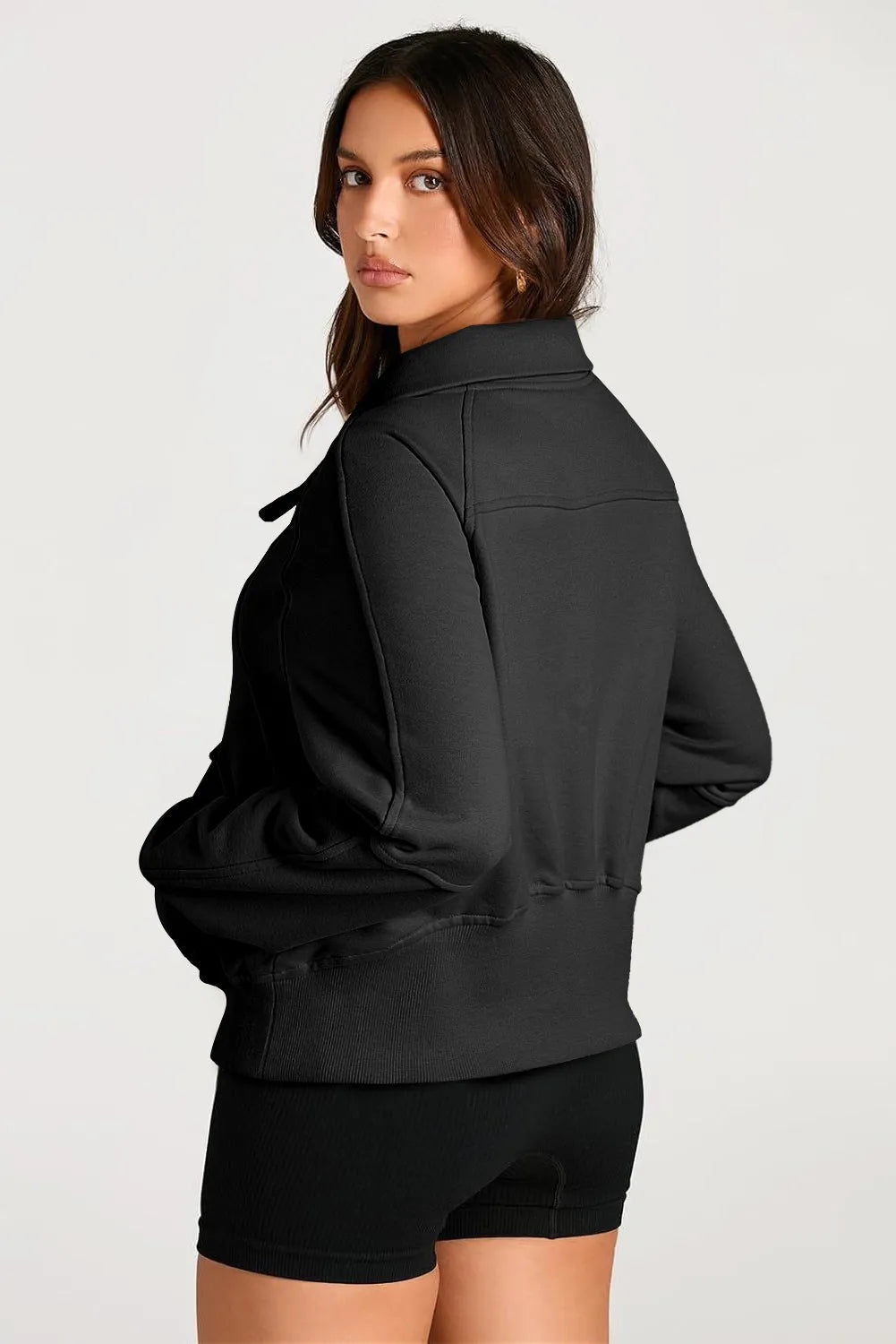 Black Quarter Zip Stand Neck Kangaroo Pocket Sweatshirt - Chic Meadow Boutique 