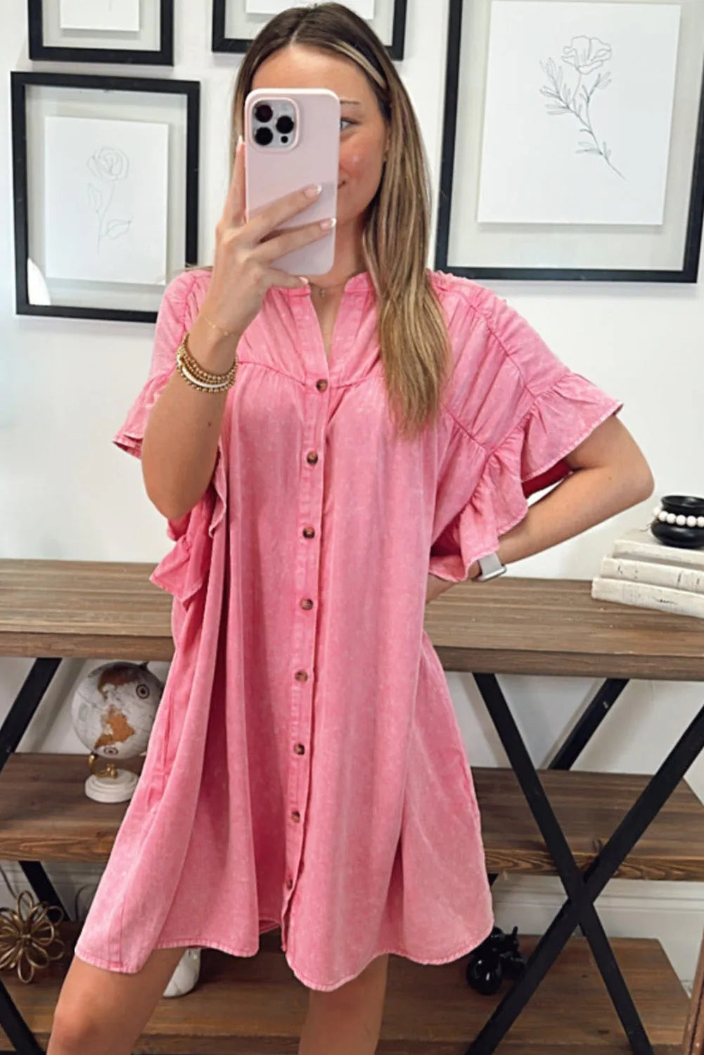 Pink Ruffled Short Sleeve Buttoned Denim Mini Dress - Chic Meadow Boutique 