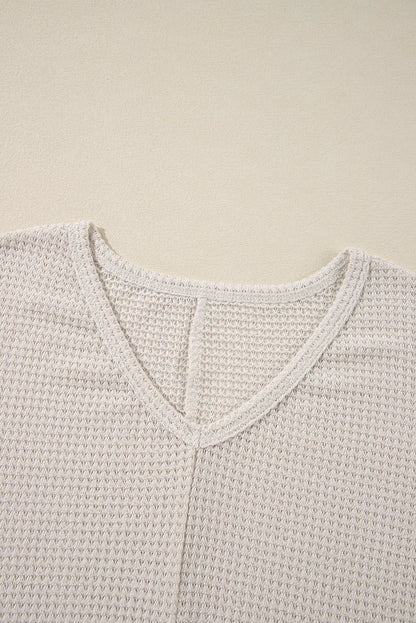 White Waffle Knit Side Slits Loose Fit V Neck Top - Chic Meadow Boutique 