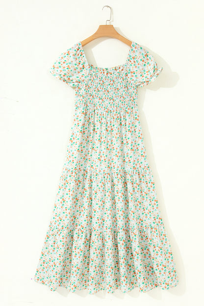 Green Floral Short Bubble Sleeve Shirred High Waist Maxi Dress