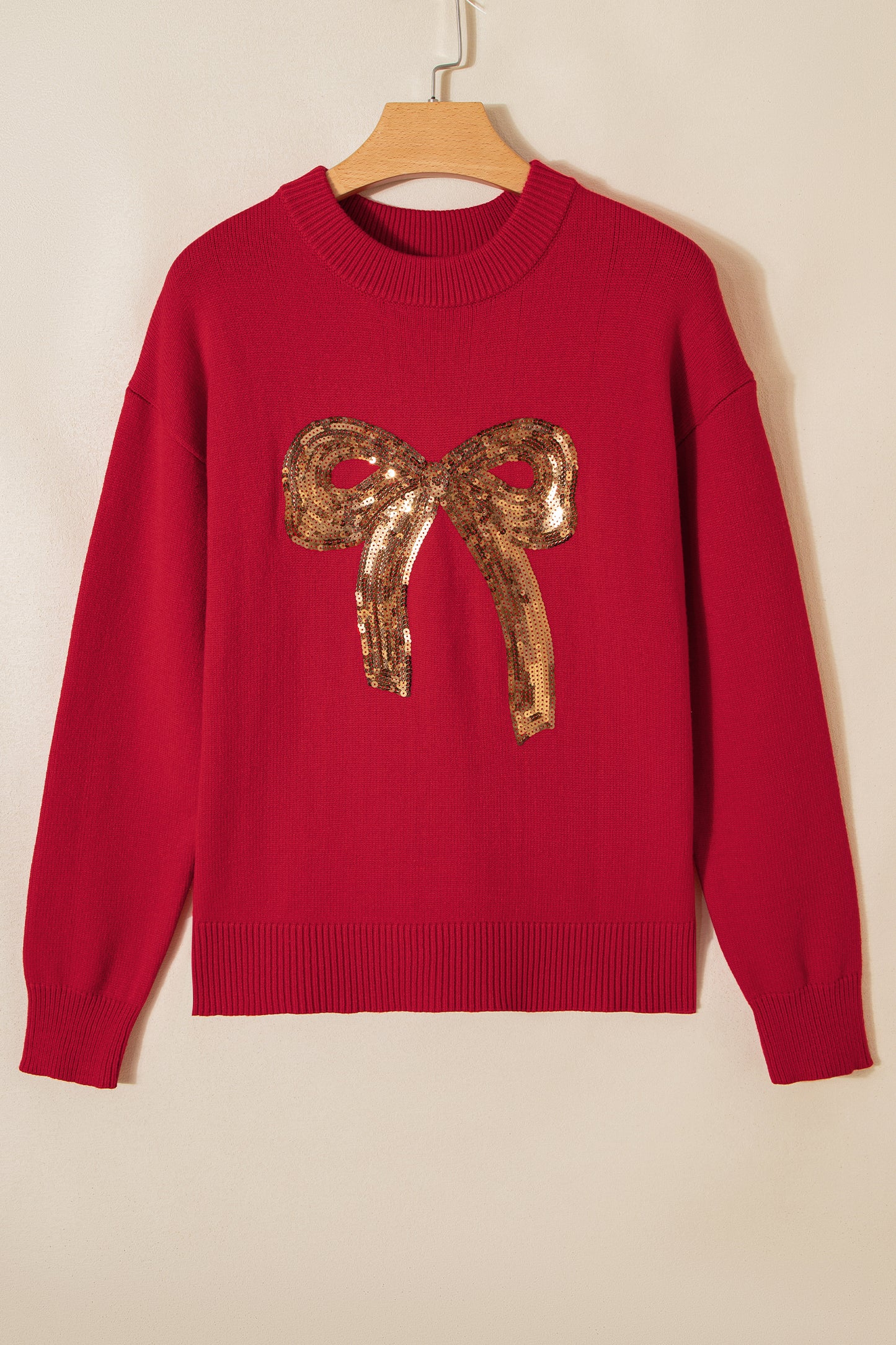 Fiery Red Sequined Bow Graphic Christmas Holiday Sweater