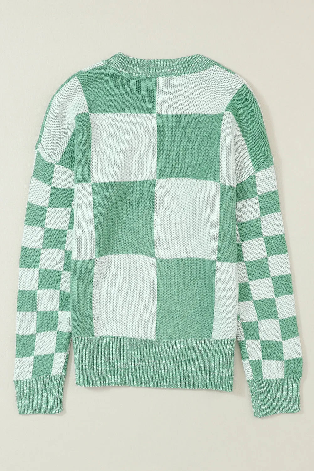 Mint Green Checkered Print Drop Shoulder Sweater - Chic Meadow Boutique 