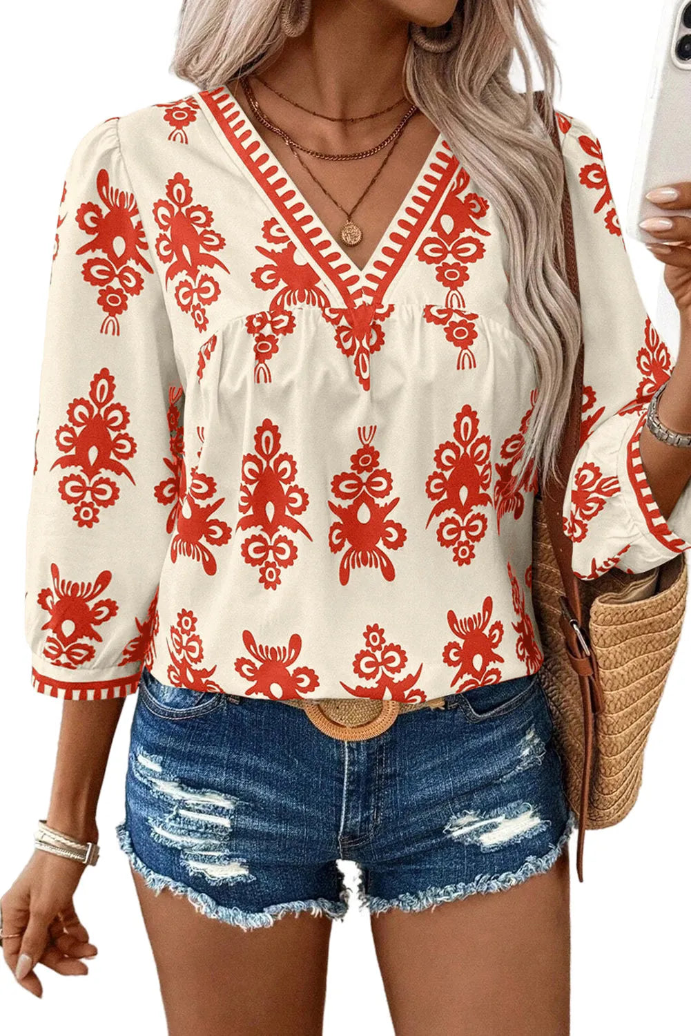 Orange Vintage Geometric Printed 3/4 Sleeve V Neck Blouse - Chic Meadow Boutique 