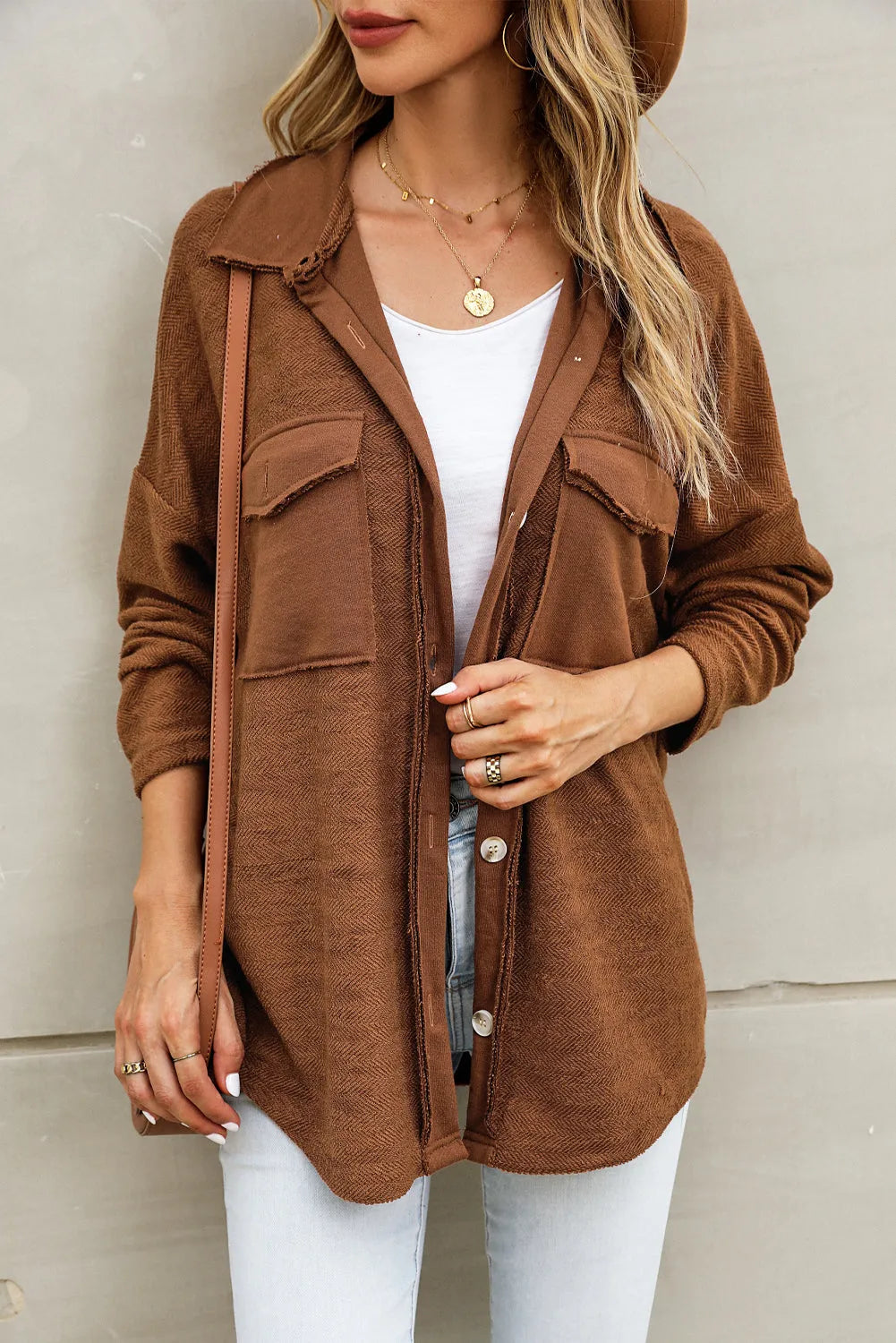 Brown Contrast Flap Pockets Relaxed Shacket - Chic Meadow Boutique 