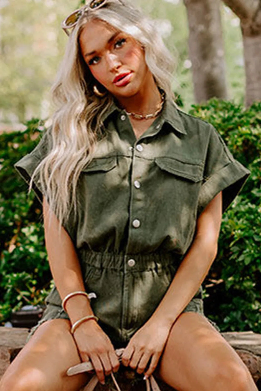 Bottoms/Jumpsuits & Rompers Moss Green Distressed Frayed Denim Romper