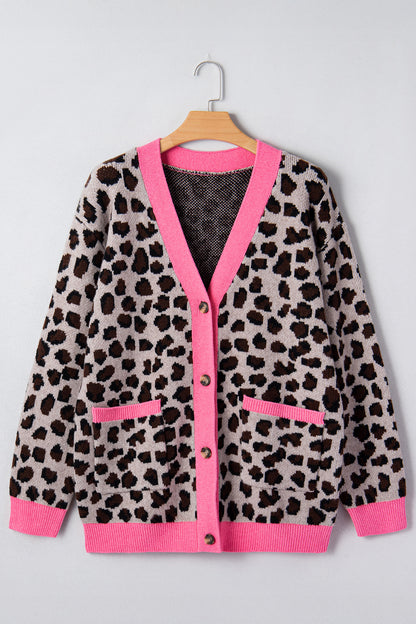 Khaki Oversize Color Block Trim Button Down Leopard Print Cardigan