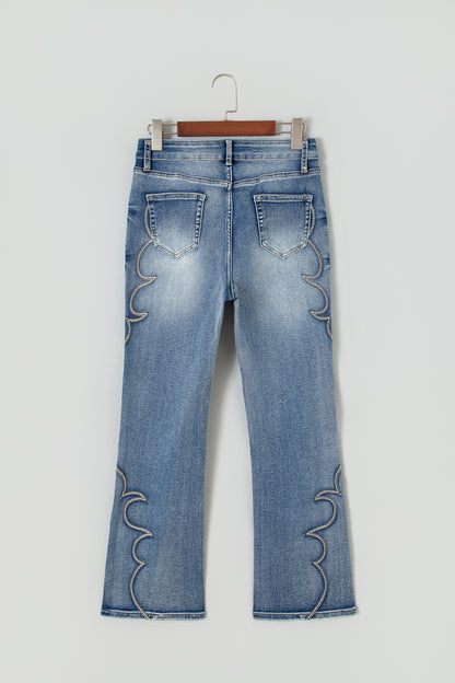 Blue Western Embroidered Flare Full Length Jeans