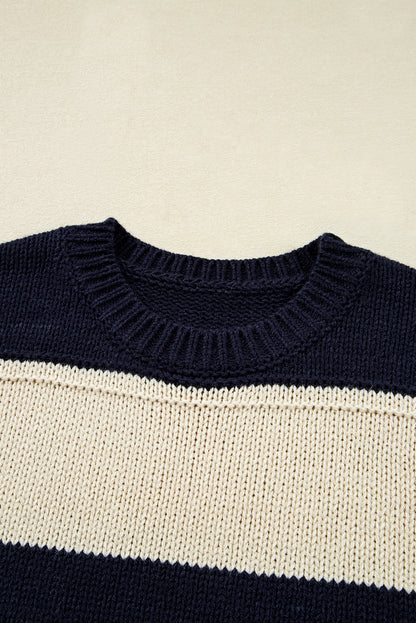 Blue Stripe Color Block PLus Size Drop Shoulder Sweater