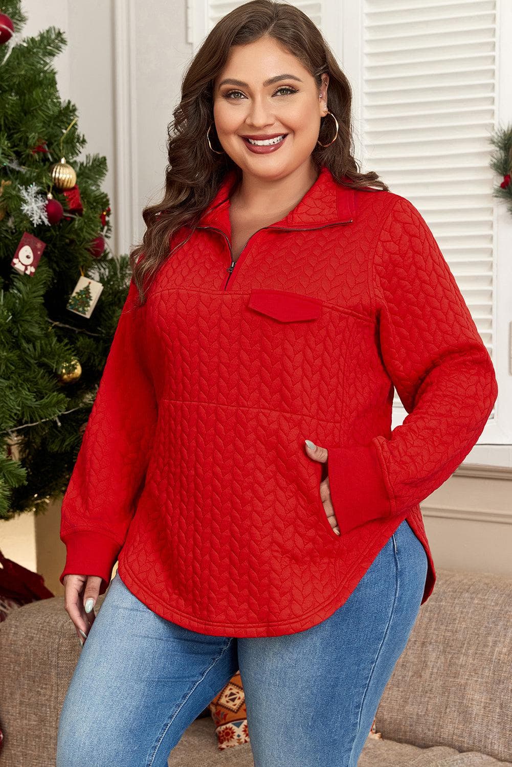 Plus Size/Plus Size Sweatshirts & Hoodies Tomato Red Cable Textured Quarter Zip Pocketed Plus Size Pullover