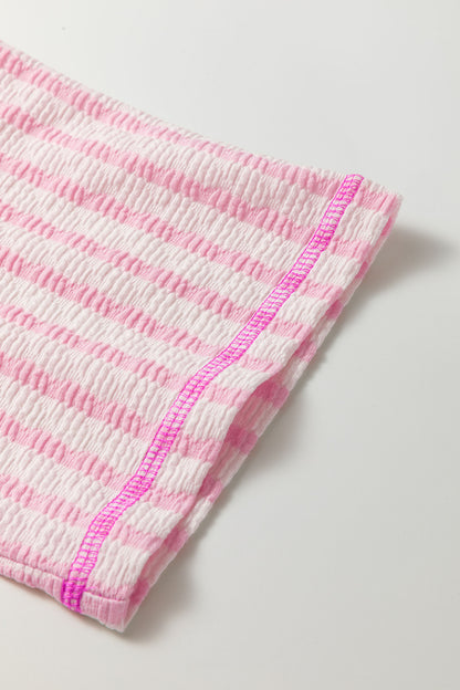 Pink Stripe Textured Knit Split Hem Half Sleeve Loose Top