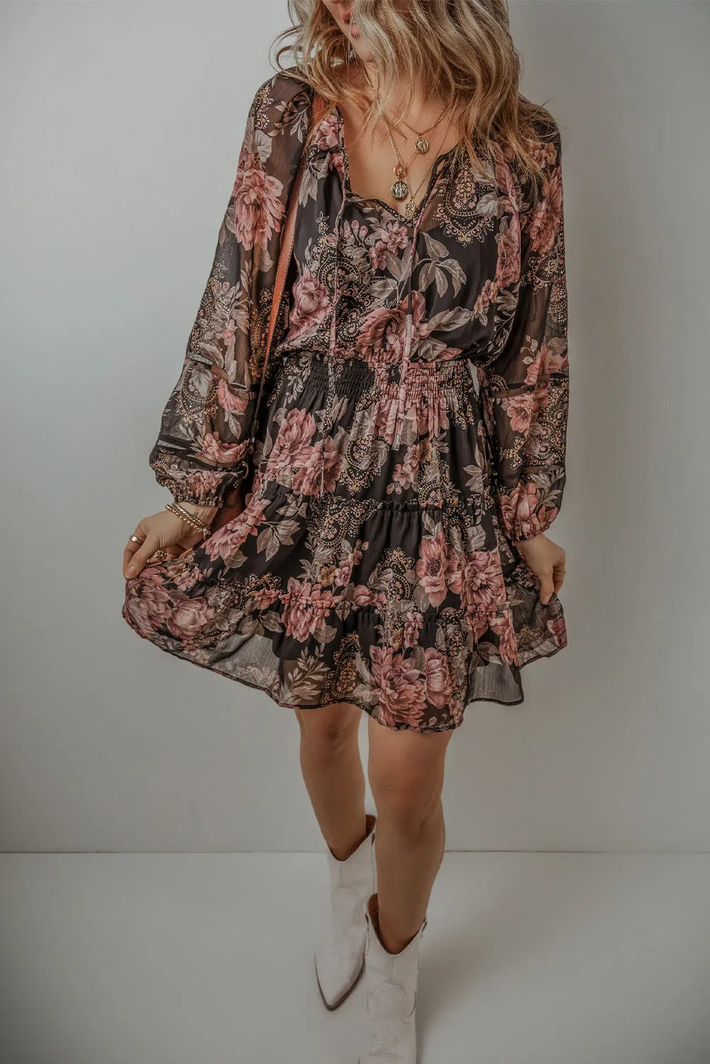 Black Vintage Floral Puff Sleeve V Neck Smock Waist Dress - Chic Meadow Boutique 