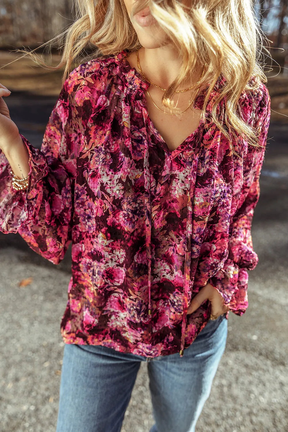 Rose Red Floral Allover Print Drawstring Ruffled V Neck Loose Blouse - Chic Meadow Boutique 