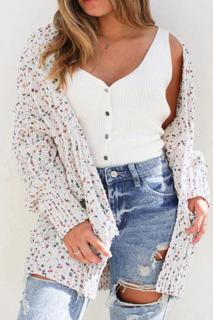 White Multicolor Dotted Rib Knit Long Sleeve Cardigan - Chic Meadow Boutique 