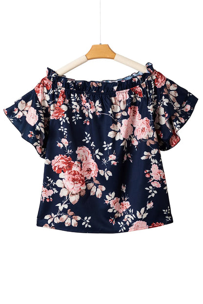 Blue Ruffle Off Shoulder Flounce Sleeve Floral Blouse - Chic Meadow Boutique 