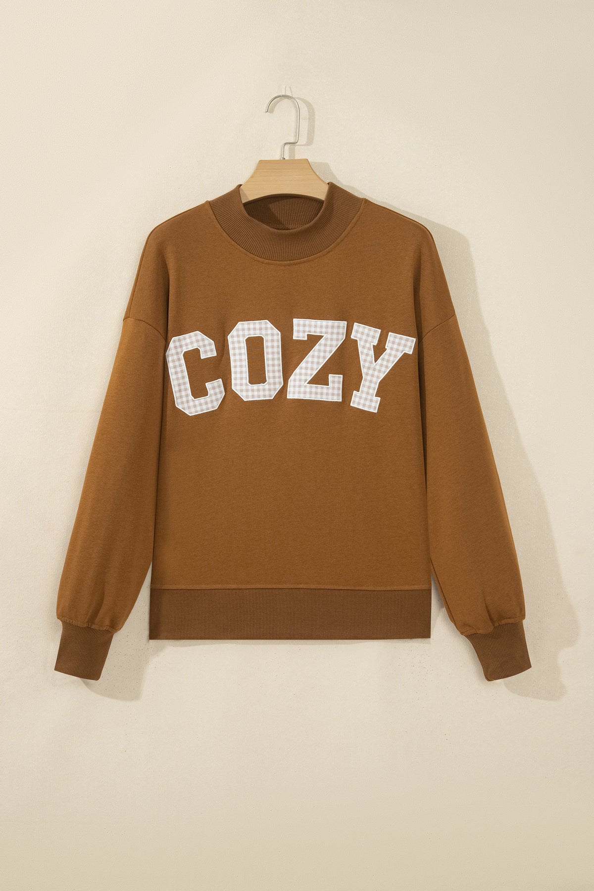 Chestnu COZY Embroidered Long Sleeve Stand Neck Shift Pullover Sweatshirt