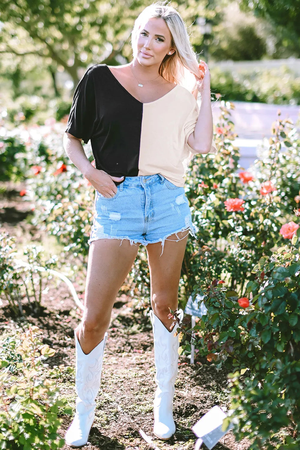 Black Plunging Twist Back Color Block Short Sleeve Top - Chic Meadow Boutique 