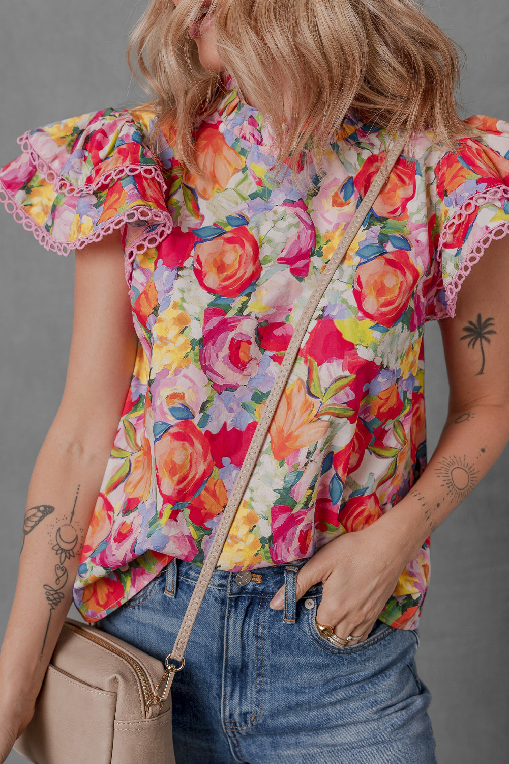 Multicolour Lace Trim Ruffle Short Sleeve Floral Blouse