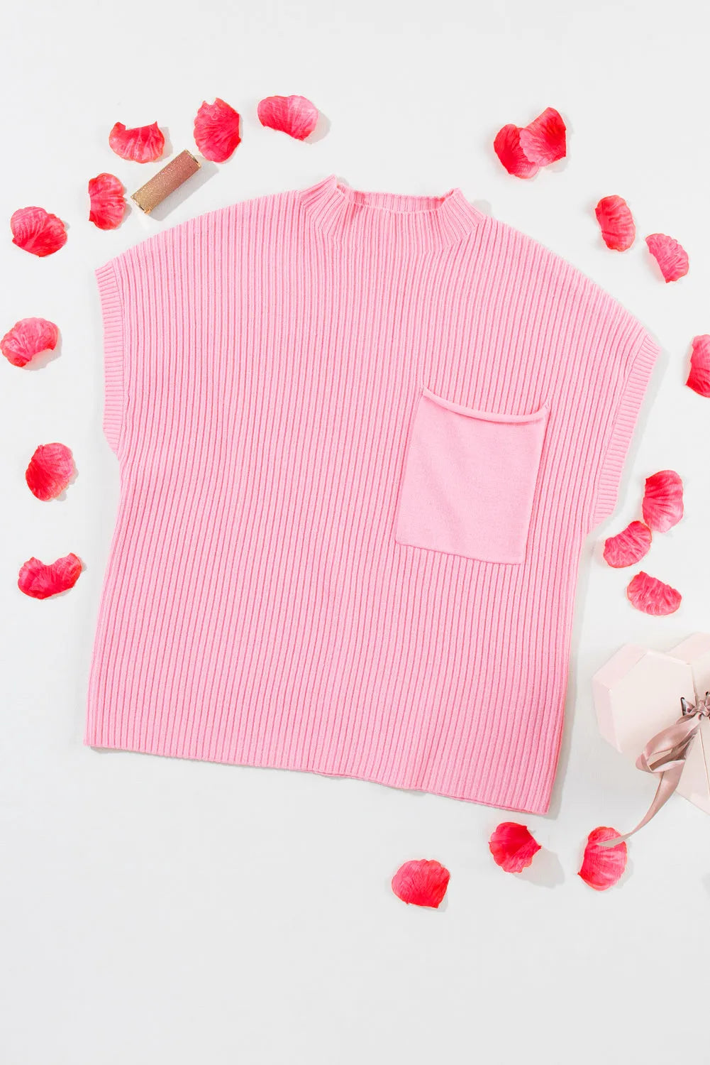 Tops/Short Sleeve Sweaters Pink Patch Pocket Ribbed Knit Short Sleeve Sweater