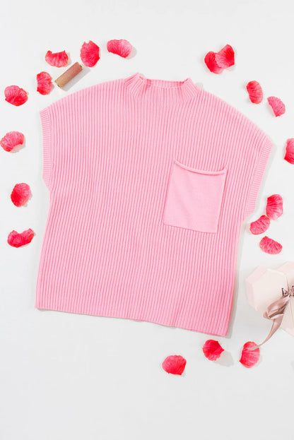 Tops/Short Sleeve Sweaters Pink Patch Pocket Ribbed Knit Short Sleeve Sweater