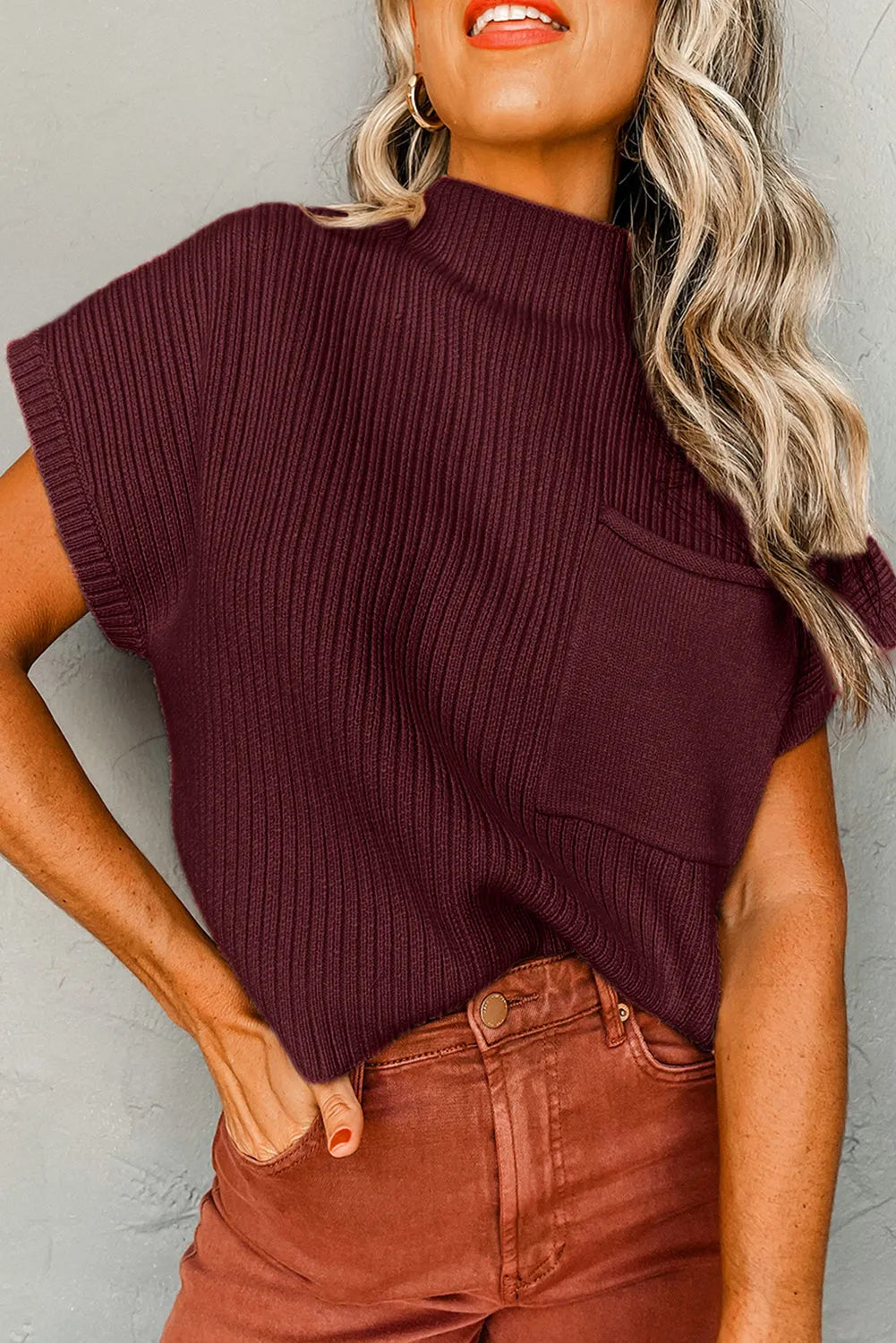 Mineral Red Patch Pocket Ribbed Knit Short Sleeve Sweater - Chic Meadow Boutique 