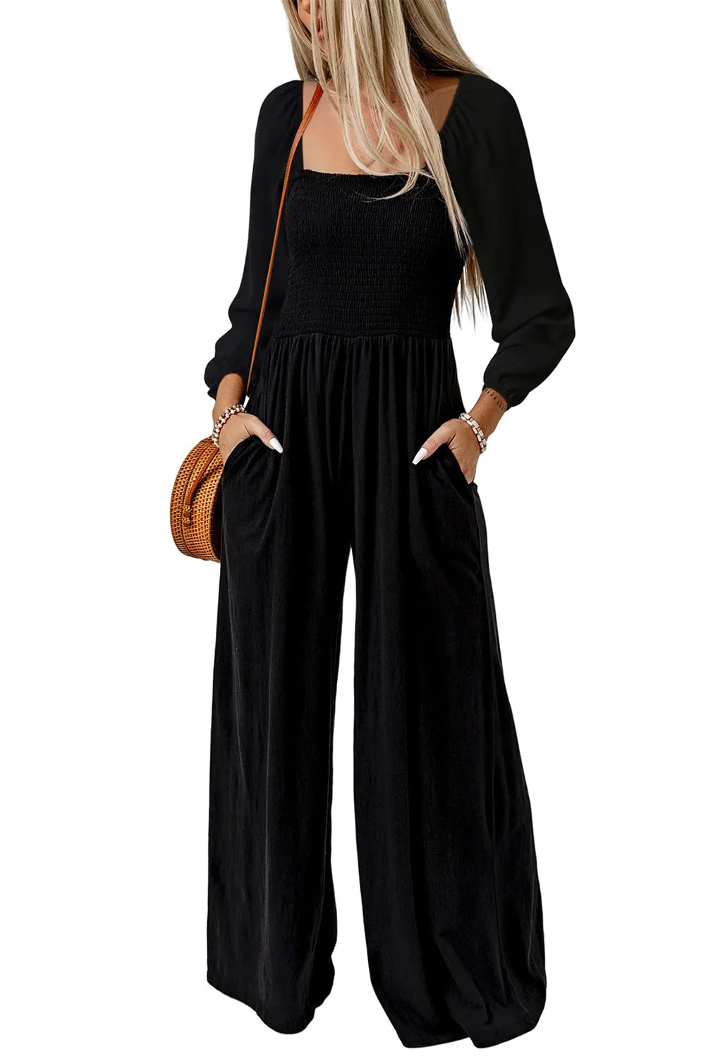 Black Smocked Square Neck Long Sleeve Wide Leg Jumpsuit - Chic Meadow Boutique 