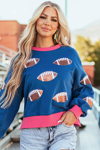 Blue Sequin Rugby Color Block Bubble Sleeve Sweatshirt - Chic Meadow Boutique 