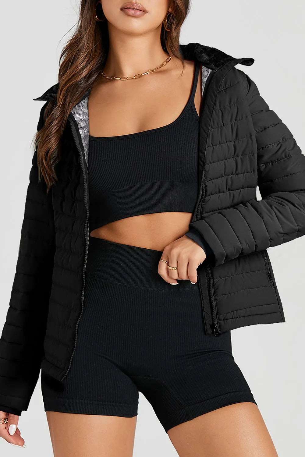 Black Solid Color Quilted Zip-up Puffer Jacket - Chic Meadow Boutique 