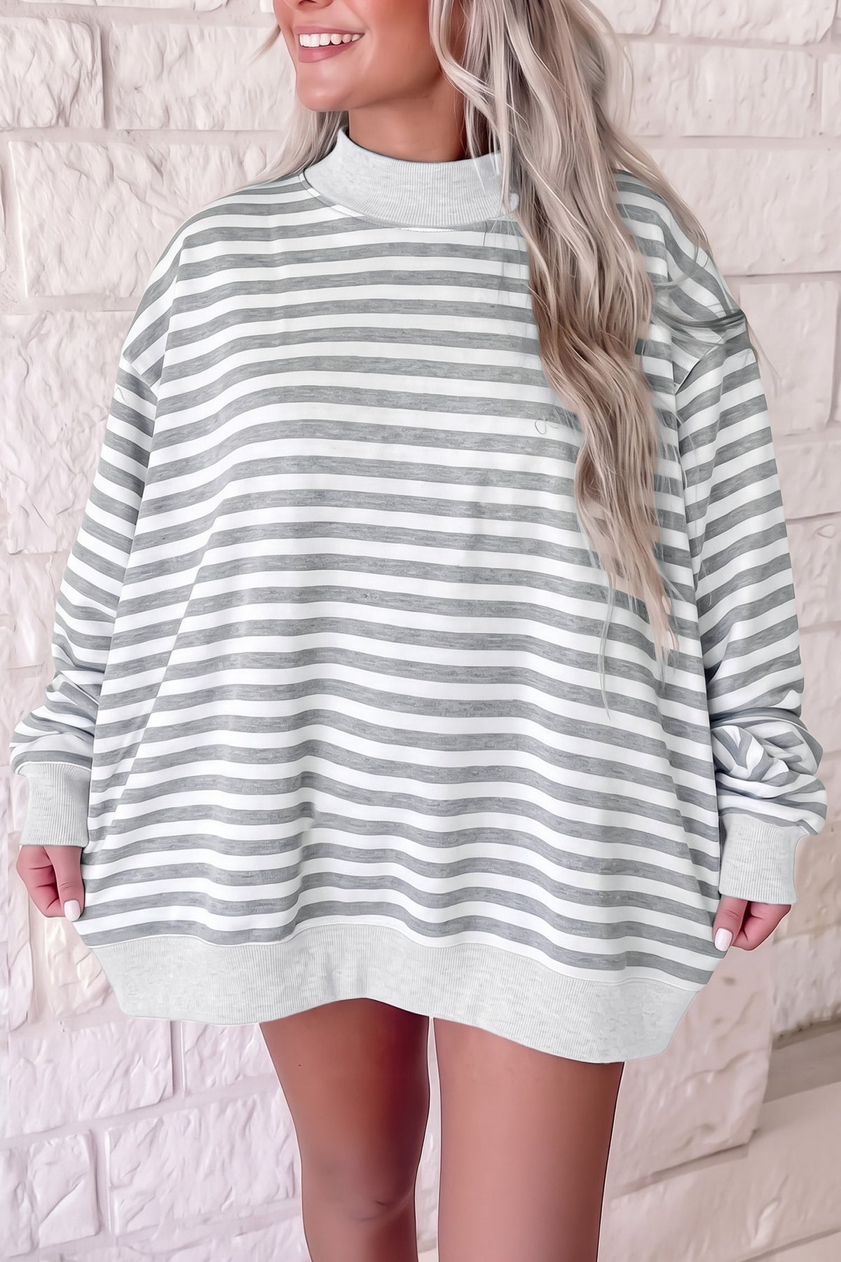 Gray Stripe Cozy Mock Neck Oversized Tunic Sweatshirt