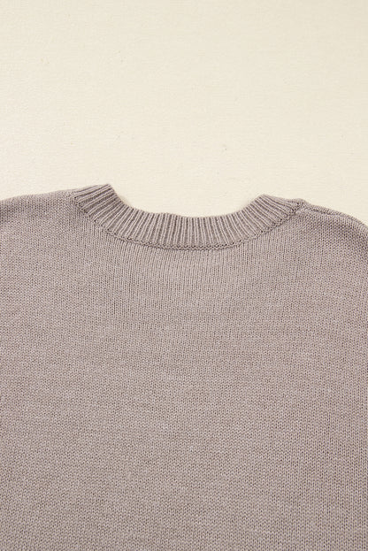 Simply Taupe Embroidered Floral Sleeve Round Neck Loose Sweater