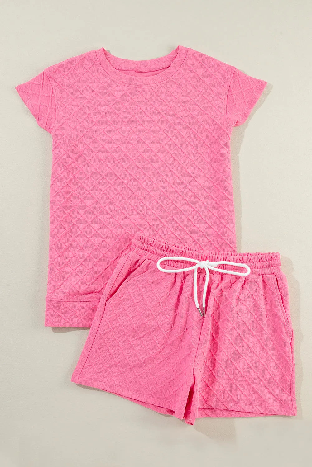 Sachet Pink Checkered Textured Tee and Drawstring Shorts - Chic Meadow Boutique 